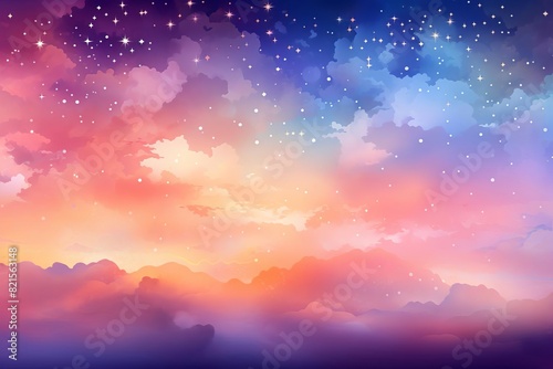 Stunning pastel colorful sunset sky with stars and clouds, creating a dreamy and magical atmosphere. Perfect for backgrounds and artistic designs.