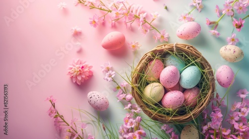 Festive Easter Eggs in a Basket, Surrounded by Pink Flowers and Wildflowers on a Pastel Background