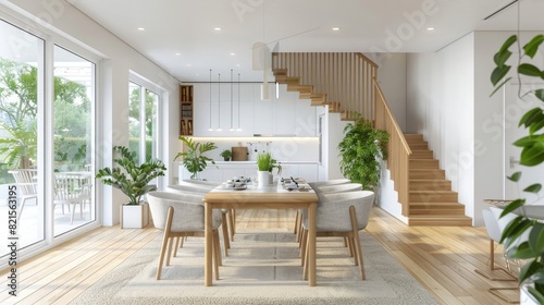 modern dining room with white walls and light wood floors  open concept home interior design of bright living area with staircase in the background  green plants near table