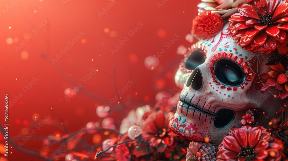 Skull with red flowers and sparkles