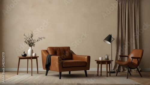 Living room wall mockup with leather armchair and decor on cream color wall background