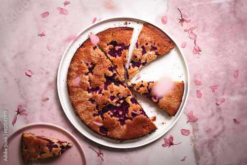 rasperry cake with falling petals photo