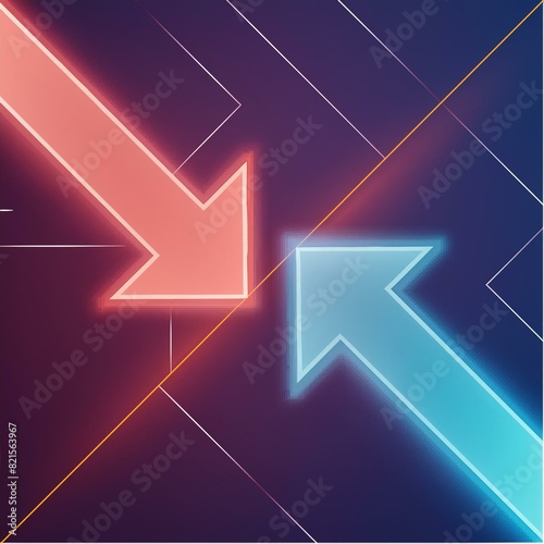 3d render abstract minimalist geometric background two counter neon arrows approaching each other contradiction concept photo