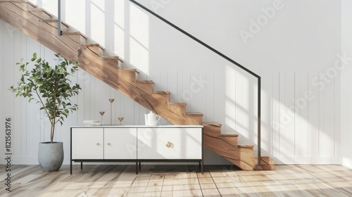 Modern farmhouse interior with staircase, wooden steps and white walls, black hand rail, modern sideboard cabinet near stairs, copy space for text or product mockup, close up photo
