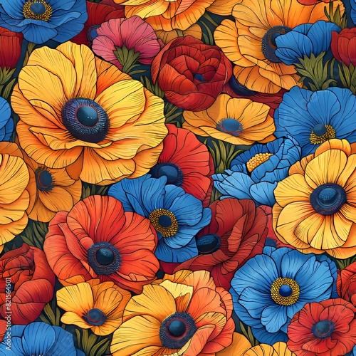 A seamless tile of illustrated flowers in vibrant colors.