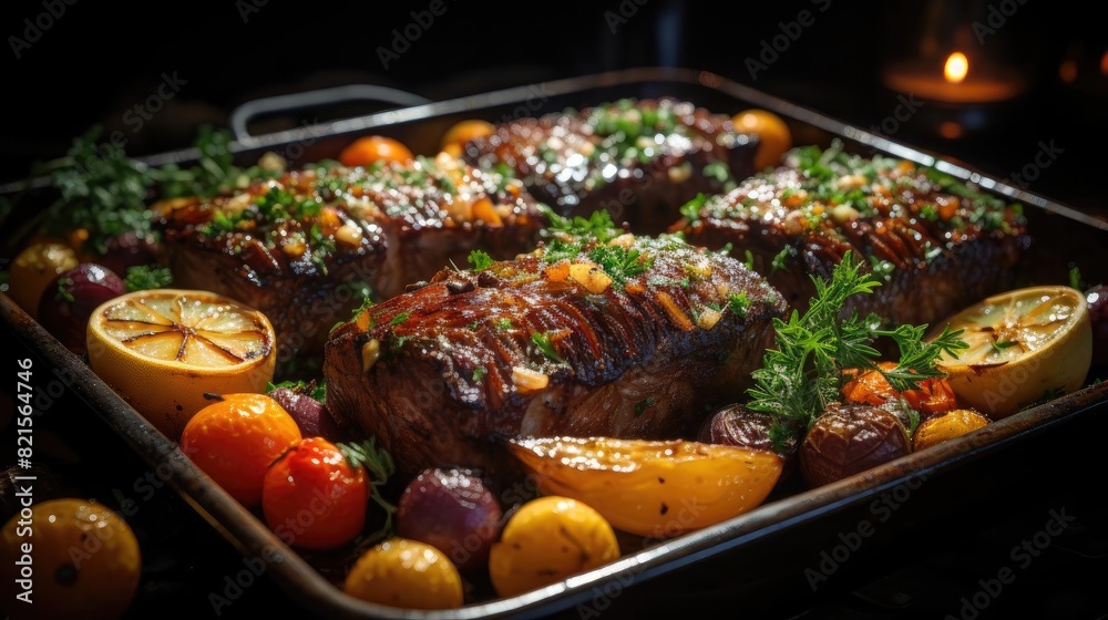 delicious pot roast meat with black and blur background delicious pot roast meat with black and blur background