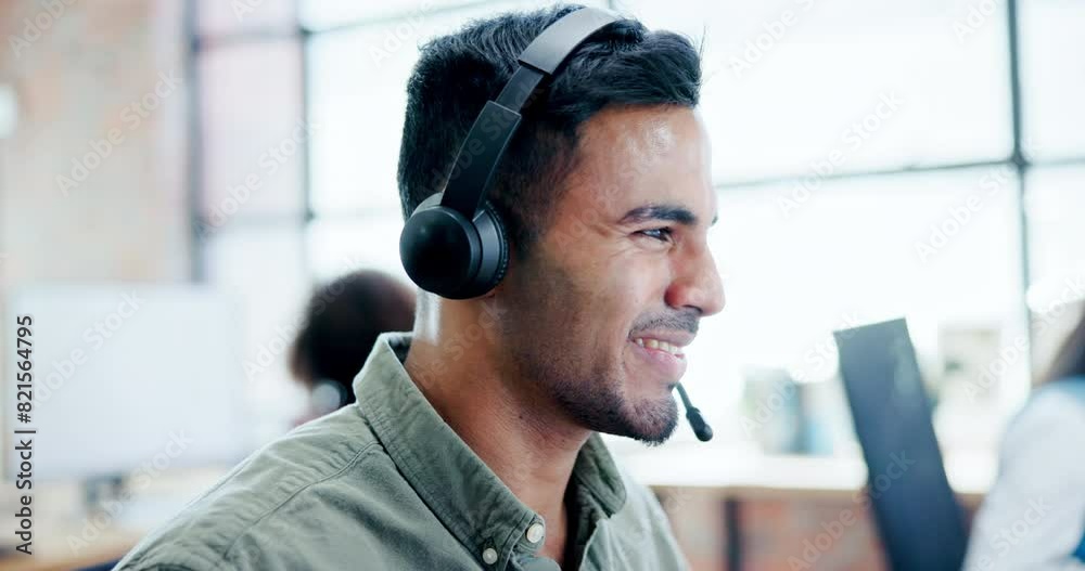 Happy man, consultant and call center with headphones for telemarketing, customer service or support at office. Male person, employee or young agent with smile for online advice, help or assistance