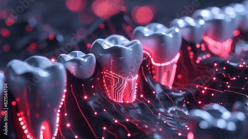 Digital rendering of human teeth with glowing circuit patterns, symbolizing the integration and connection between technology in dental care. The dark grey background contrasts against neon red lights photo