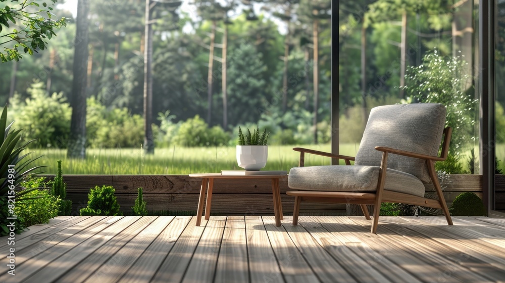 Modern wooden terrace with garden, green grass and forest in the background. 