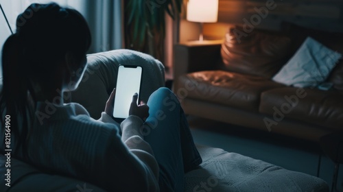 An individual is sitting in a dark room with visible ambient lighting, focused on a brightly lit smartphone screen