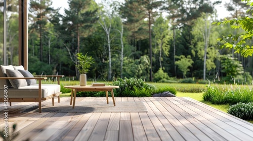 Modern wooden terrace with garden, green grass and forest in the background. 