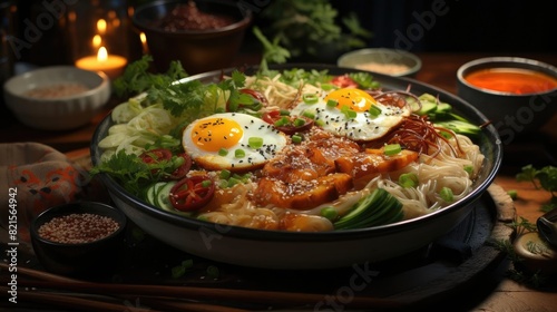 Delicious ramen noodles with egg topping on top  blur background