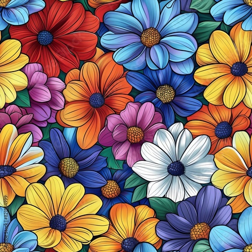 A seamless tile of illustrated flowers in vibrant colors.