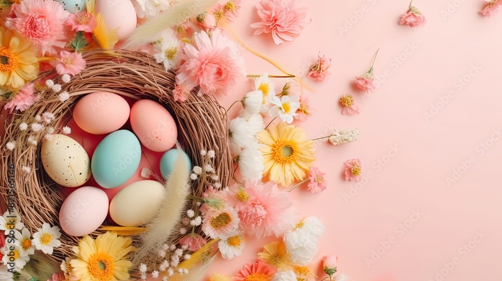 Top View of Happy Easter Day banner concept design of colorful eggs and plants on pastel background