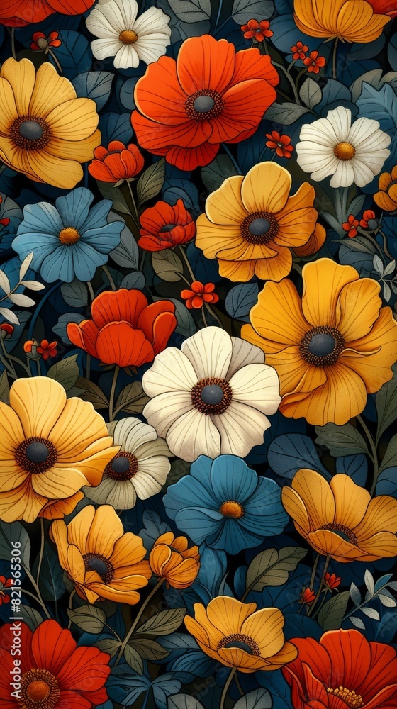 Fototapeta premium Vibrant illustrated flowers in a variety of colors.