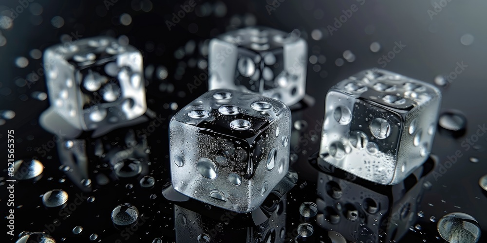 3 transparent dice made of ice on a black background with water drops on the surface, photographed at high resolution 3 transparent dice made of ice on a black background with water drops on the surface, photographed at high resolution