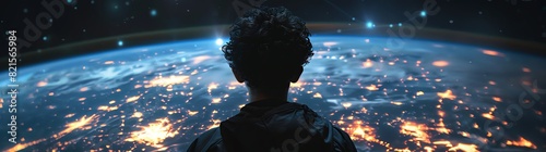A person with short curly hair stands in front of the Earth, looking at glowing lights on it from space, in a cinematic style. The image has a scifi and science fiction feel with high resolution and h
