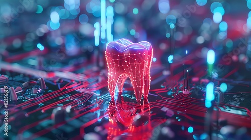 3D rendering of a glowing red and blue tooth in a dental circuit board, with a high-tech background and neon lights, showing a closeup view of teeth on a dark surface. With a tech aesthetic and blurre photo