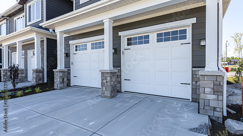 Wide white garage door with glass panes against gray exterior wall of house,Townhouse exterior with white front door and bay windows,luxury  family house,Garage, garage doors and driveway     © samar