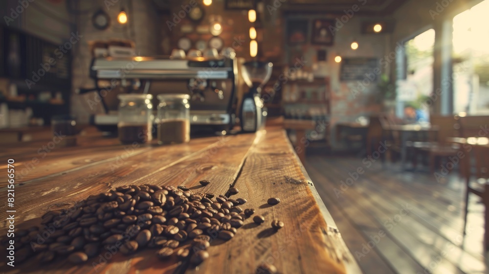 Close-up shot of coffee beans scattered on a wooden table with a blurred cafe interior in the background, evoking a warm, welcoming atmosphere Close-up shot of coffee beans scattered on a wooden table with a blurred cafe interior in the background, evoking a warm, welcoming atmosphere