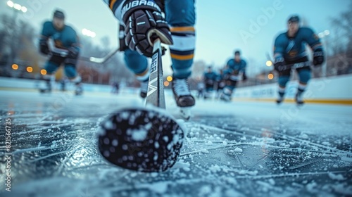 Hockey stick and rubber puck on arena stadium background photo