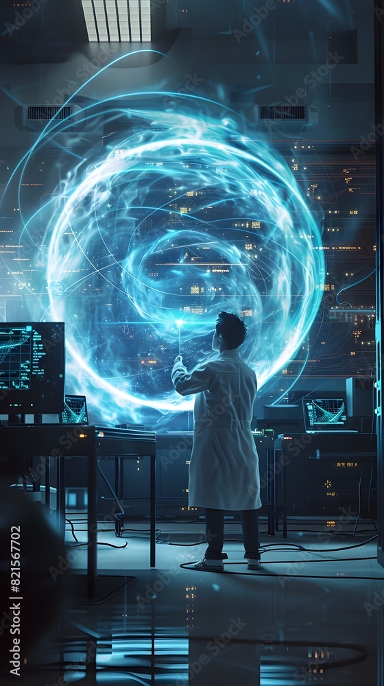 Obraz premium Quantum Energy Experiment in Progress A Scientists Determined Pursuit of Solarpunk Innovation