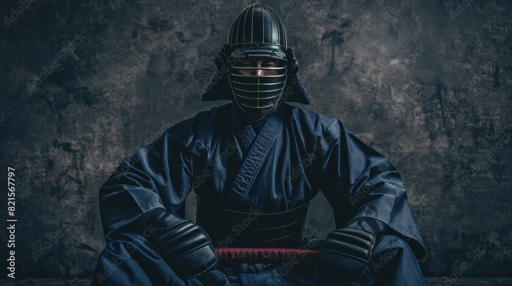 Fototapeta premium Portrait of Kendo master sitting and preparing for fight on dark gray background.