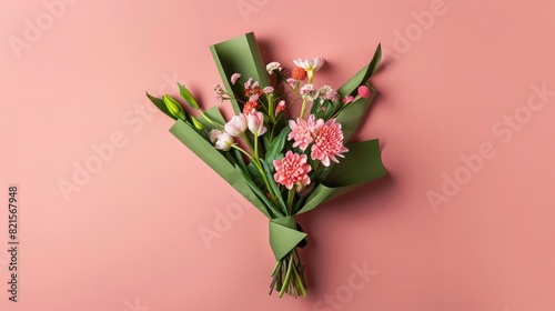 paper cut out of a bouquet with green paper wrapped around it on a pink background, flowers in the shape of "v", minimal concept photography