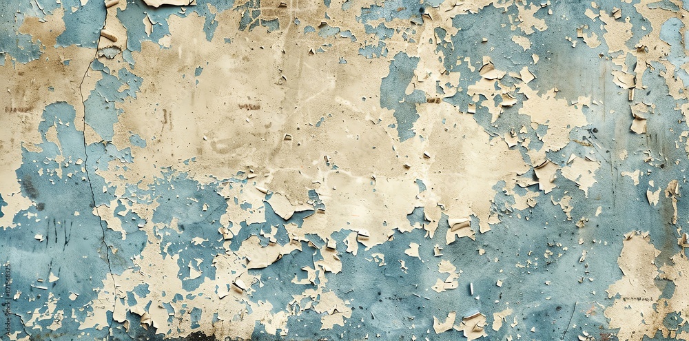 Abstract background of old wall with peeling paint in blue and beige colors, grunge texture for design, high resolution photography