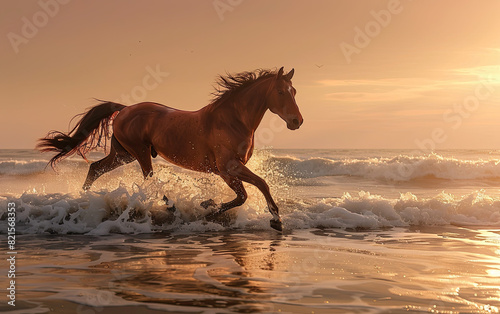 A horse gallops along the beach at sunset, with waves crashing and golden hour light reflecting off the water, creating a dynamic and serene scene.
