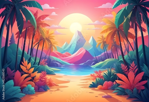 A sunset with mountains and palm trees