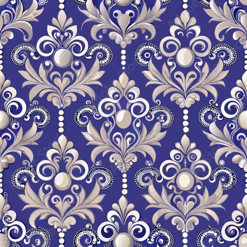 Seamless pattern of royal damask patterns with pearl and gemstone accents  adding a touch of sparkle and shimmer to your gift wrap  Generative AI