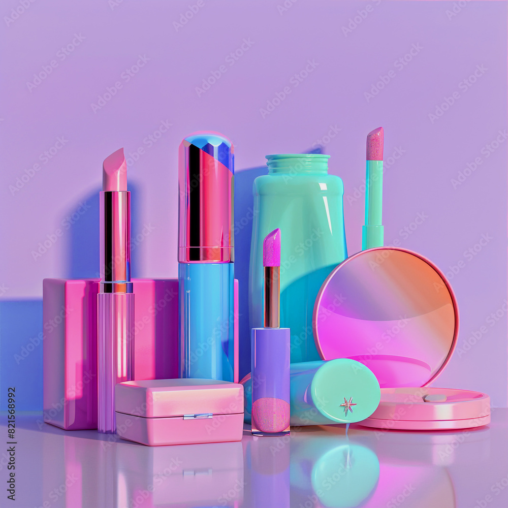 Naklejka premium Multi colored beauty product with make up box and cosmetics