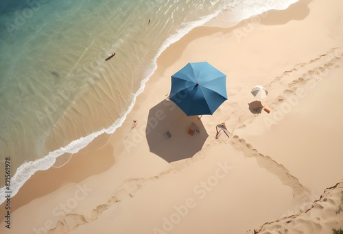 a beach scene with a blue umbrella on the sand