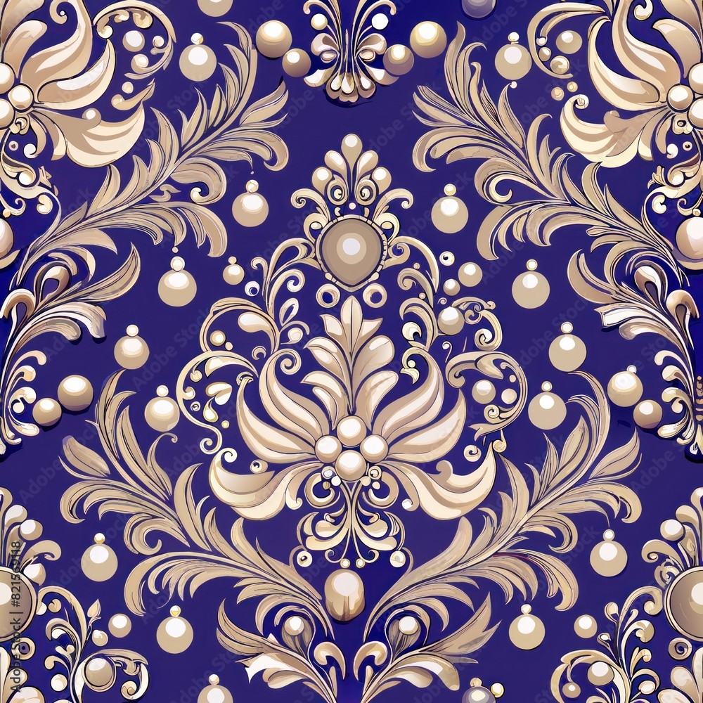 Seamless pattern of royal damask patterns with pearl and gemstone accents, adding a touch of sparkle and shimmer to your gift wrap, Generative AI Seamless pattern of royal damask patterns with pearl and gemstone accents, adding a touch of sparkle and shimmer to your gift wrap, Generative AI