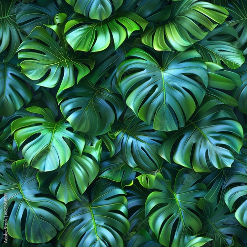 A seamless tile of green jungle monstera leaves. 
