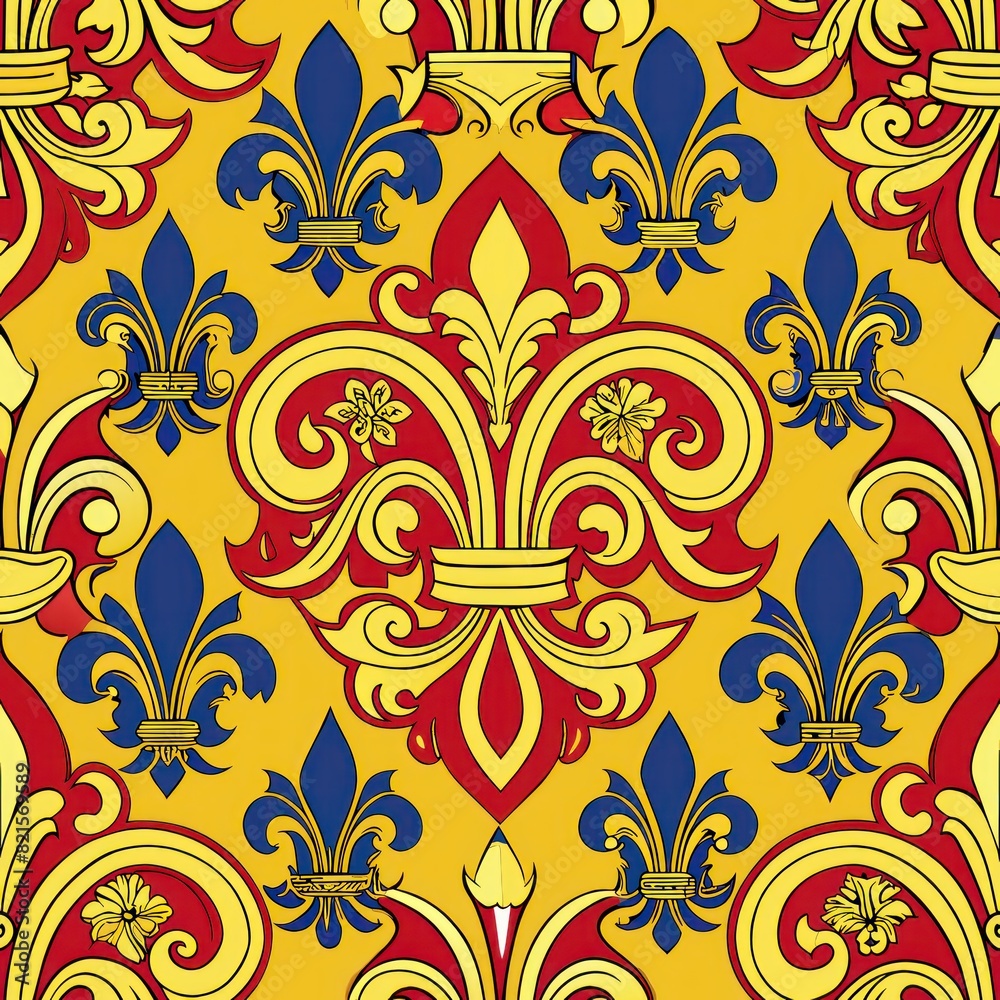 Seamless pattern of royal fleur-de-lis motifs with intricate detailing and embellishments, evoking the grandeur of royal palaces, Generative AI Seamless pattern of royal fleur-de-lis motifs with intricate detailing and embellishments, evoking the grandeur of royal palaces, Generative AI