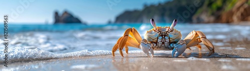 Close-up of a vibrant crab on a sandy beach with waves and cliffs in the background during a sunny day. photo