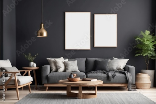 living room interior  blank poster frame  modular sofa  wooden coffee table  pillows  Charcoal wall