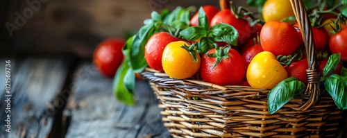 Colorful fresh tomatoes and basil in a rustic wicker basket on a wooden table  perfect for healthy cooking and gardening themes.