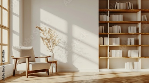 Photo of a minimalist wall mockup with bookshelves and a chair in a beige, white background