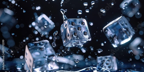 A set of dice made from ice, shimmering with water droplets on the surface, floating in midair against a dark background. The focus is sharp and clear, highlighting intricate details like texture photo