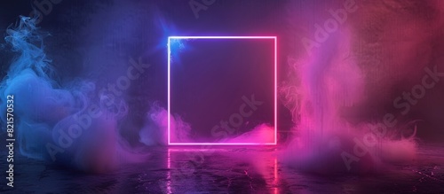 Square frame with colorful neon lights and glowing smoke in a dark room © natasya
