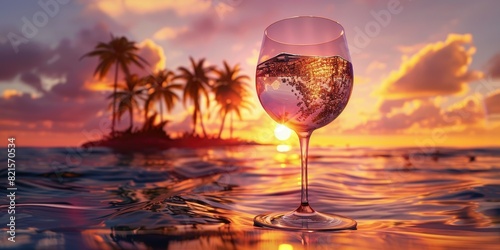 A wine glass filled with water, palm trees and the ocean in miniature form visible inside, against the background of sunset over sea ,a hyper realistic photograph captured © Kashif Ali 72