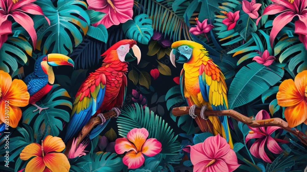 Obraz premium Vibrant Tropical Scene with Parrots and Toucan Amidst Lush Foliage and Exotic Flowers