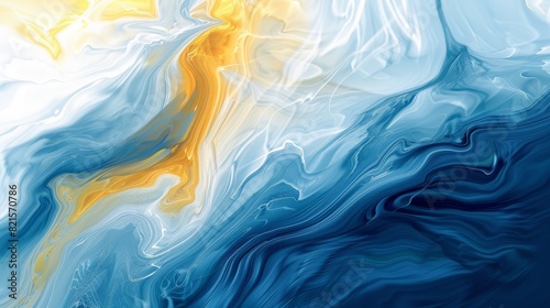This image features an abstract fluid art painting with swirls of blue and yellow, creating a vibrant and dynamic piece of art