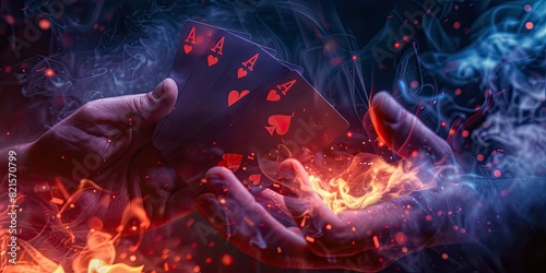 Photorealistic image of a hand holding playing cards, with cards flying in the air, surrounded by smoke and fire, against a dark background with neon light on the edges