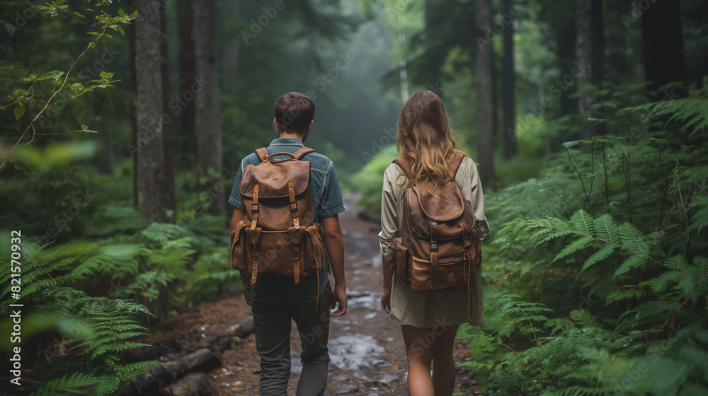 Young couple hiking through a forest trail, showcasing their backpacks and the natural scenery around them. Generative ai illustration.