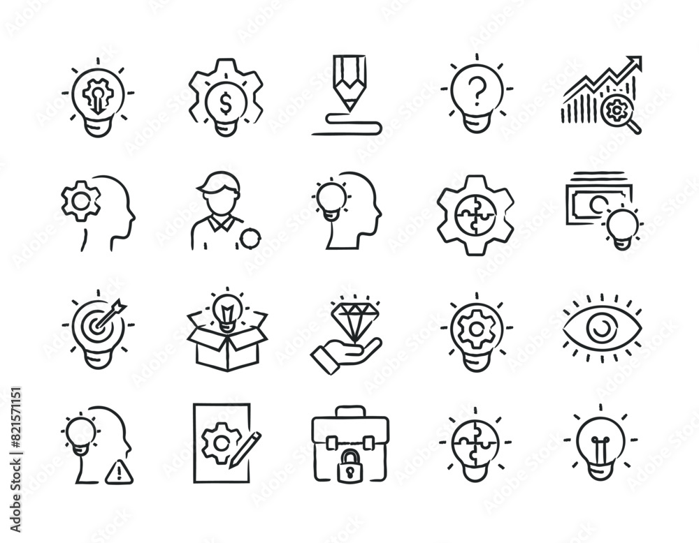Creativity, innovation hand drawn doodle sketch style line icons. Vector illustration.
Creativity, innovation hand drawn doodle sketch style line icons. Vector illustration.