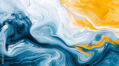 This image is a vibrant mix of blue and yellow hues, creating a dynamic marble fluid art pattern that evokes a sense of movement and energy